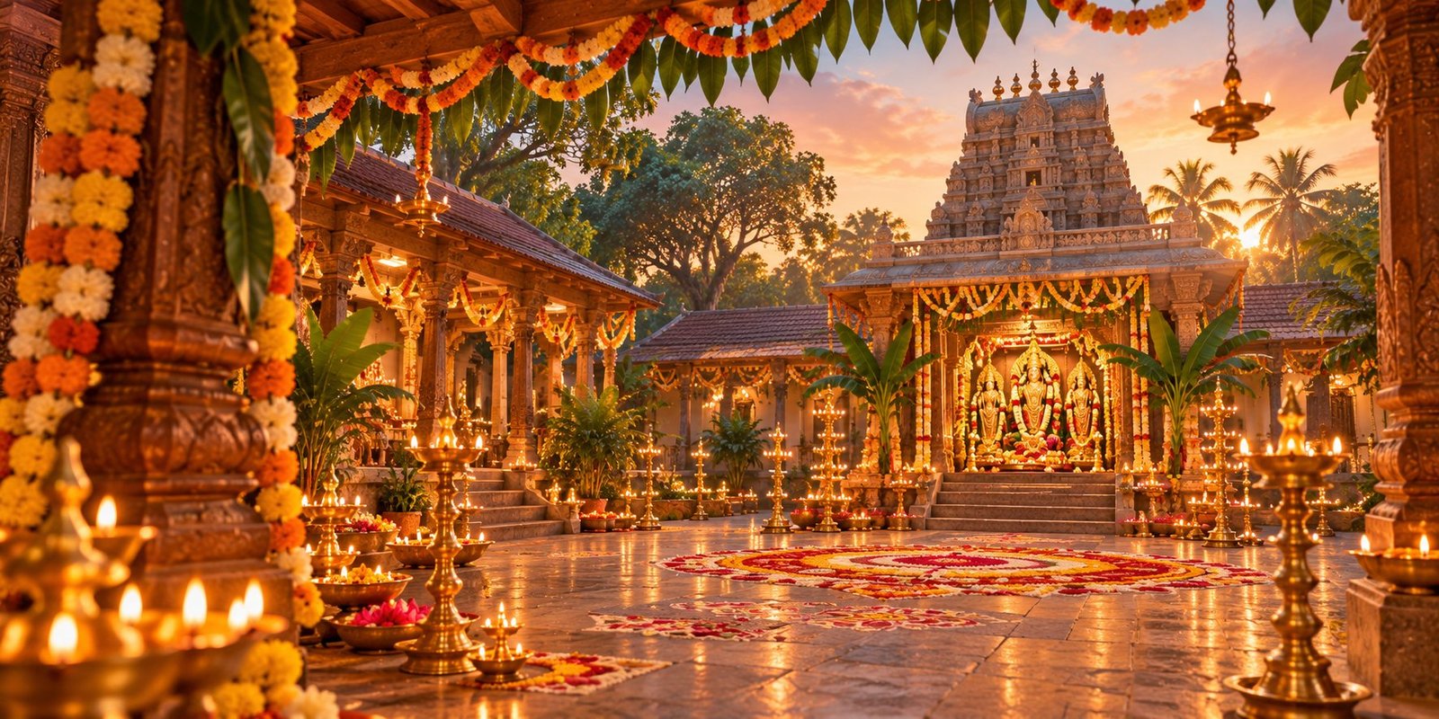 Temple courtyard decorated with garlands, rangoli and lamps