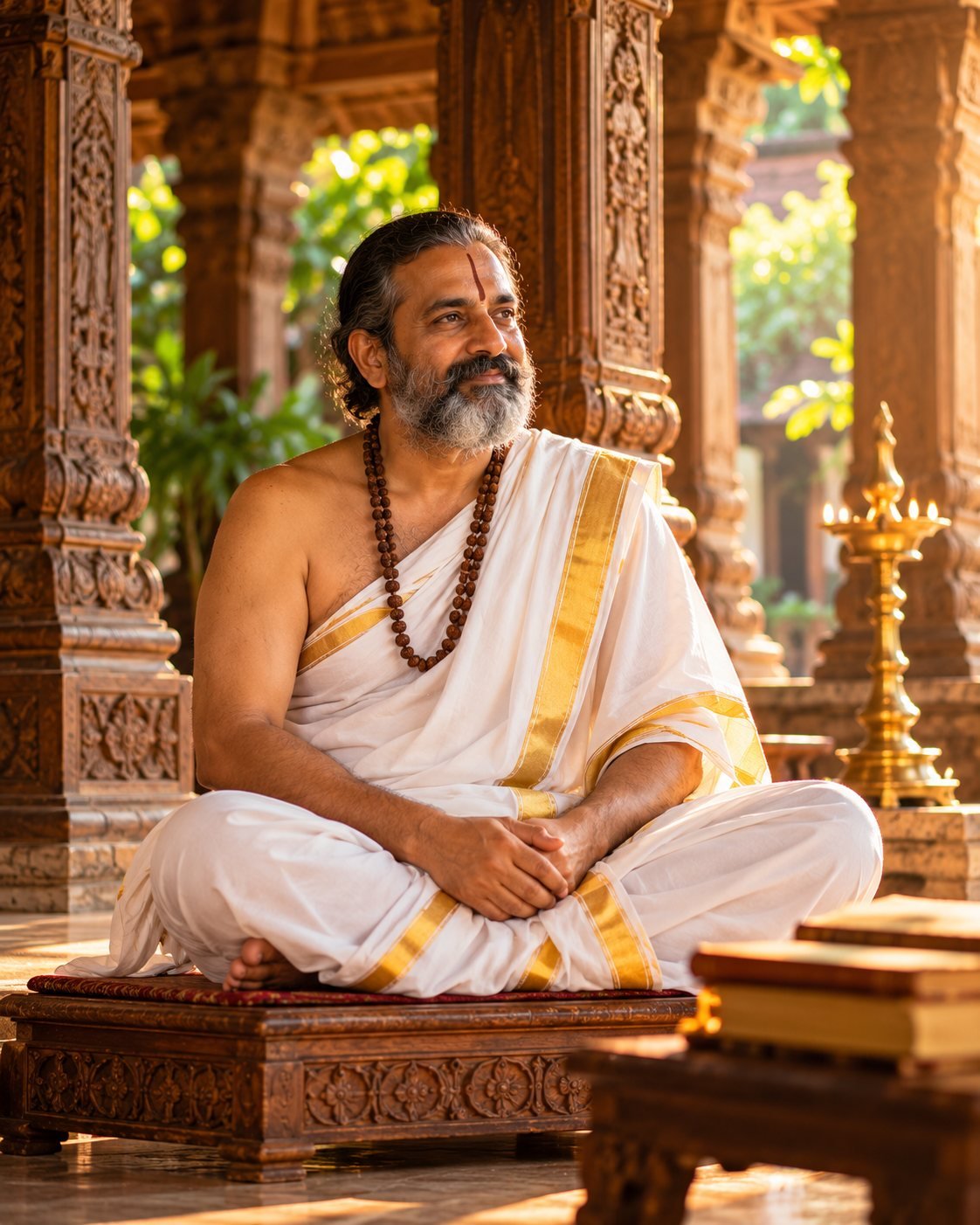 The Founder seated in a carved temple hall