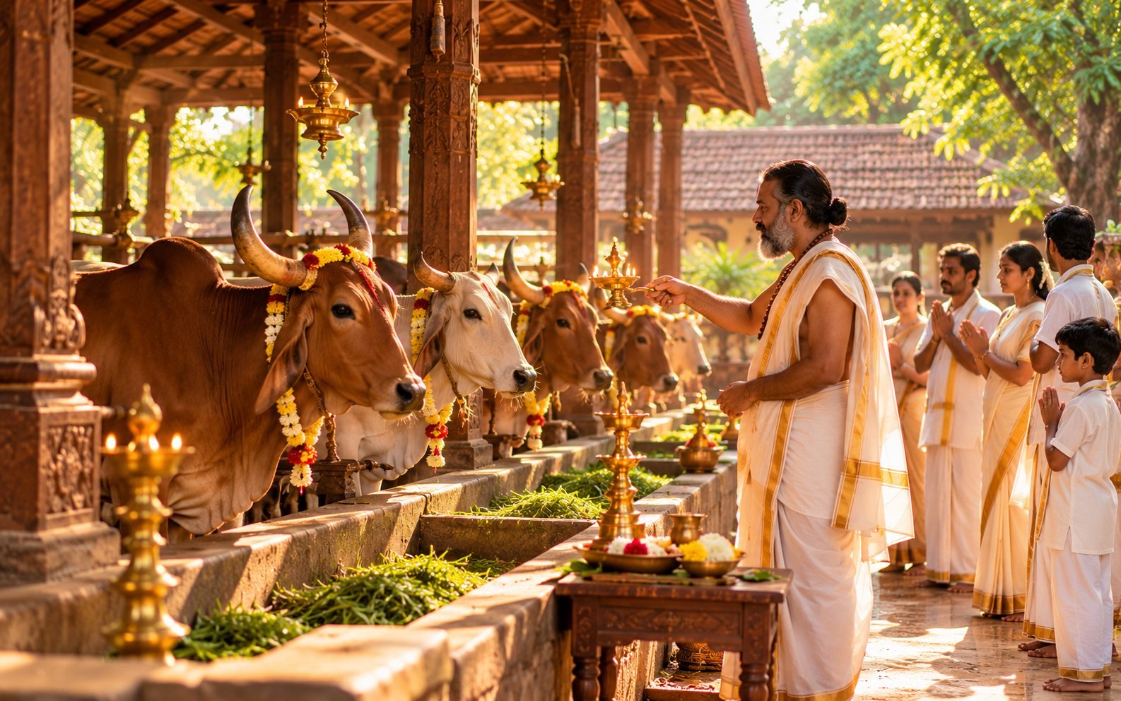 A priest performing Go-Puja for garlanded cows at the goshala