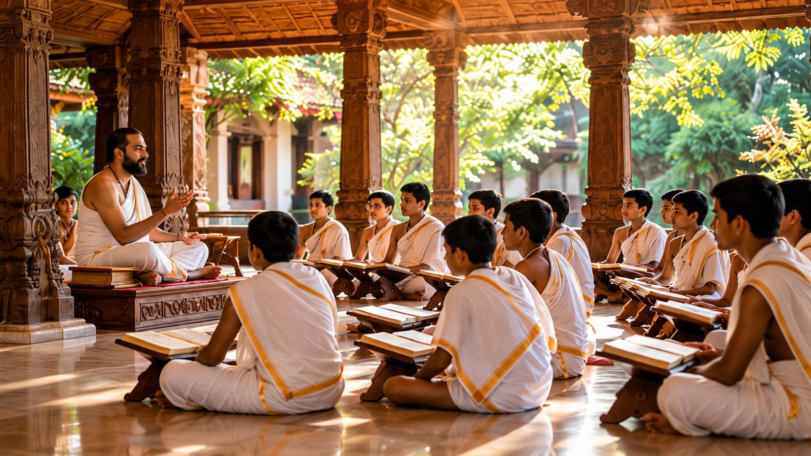 Gurukula students seated with their teacher in a carved wooden mandapa, reading from book stands