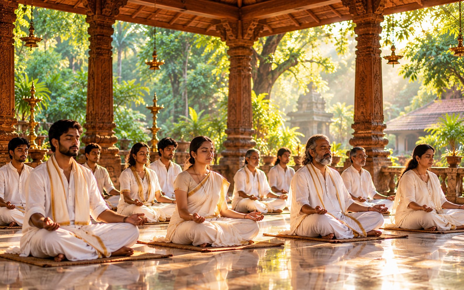 Men and women in white meditating in an open wooden mandapa