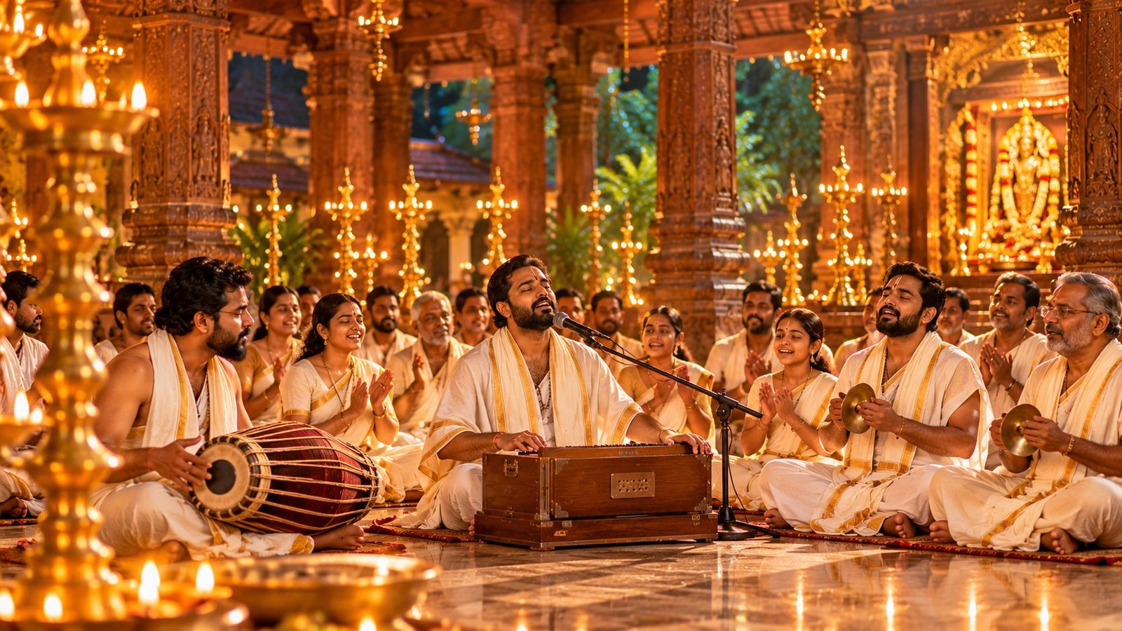 Sankeertana with harmonium, mridangam and cymbals in a lamp-lit temple hall