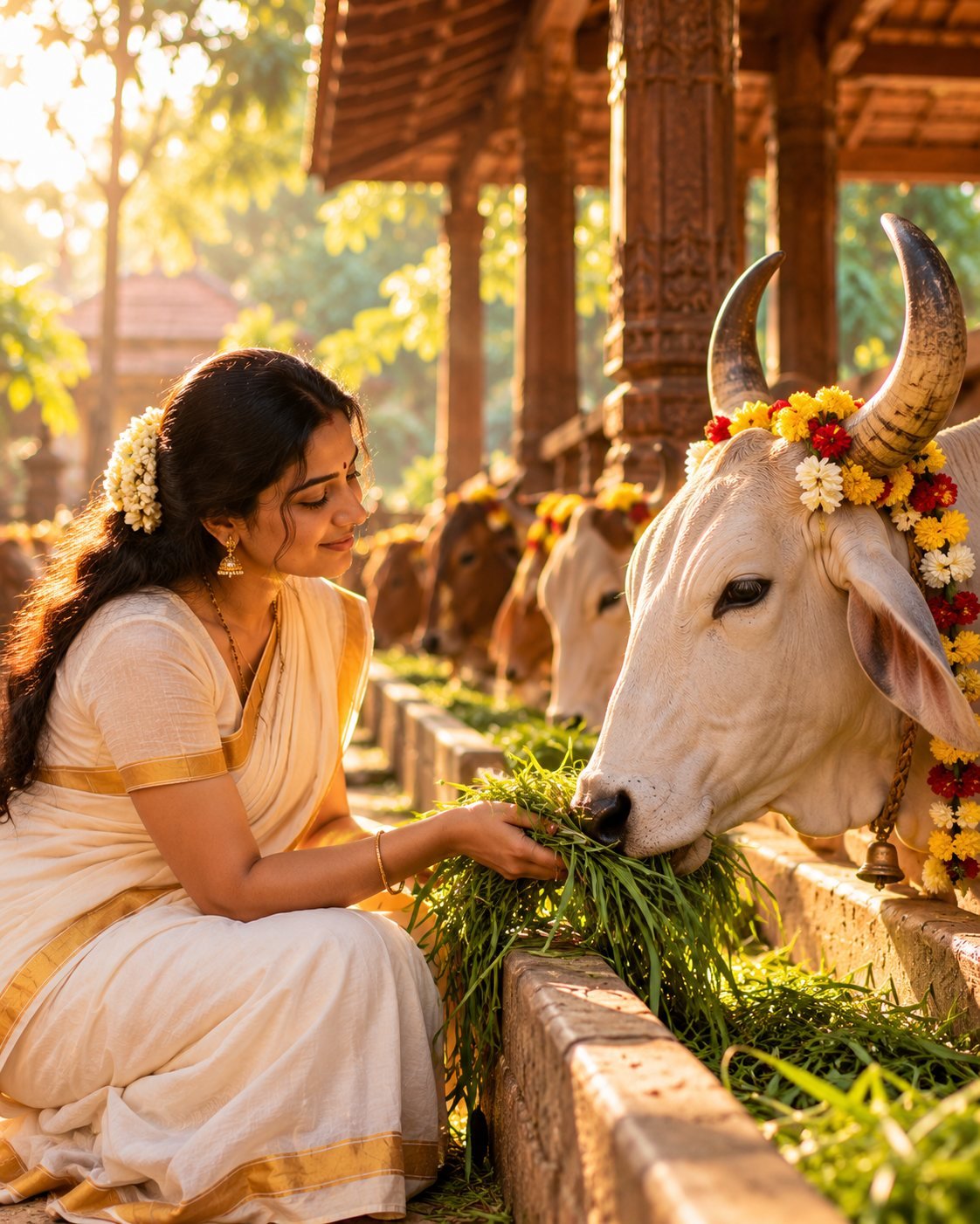 A devotee feeding fresh fodder to a garlanded cow