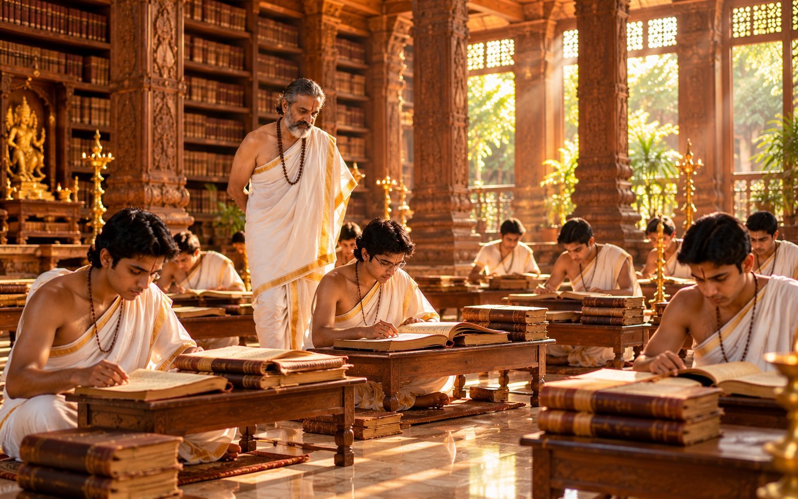 Scholars studying at low wooden desks in a heritage library, guided by a senior teacher